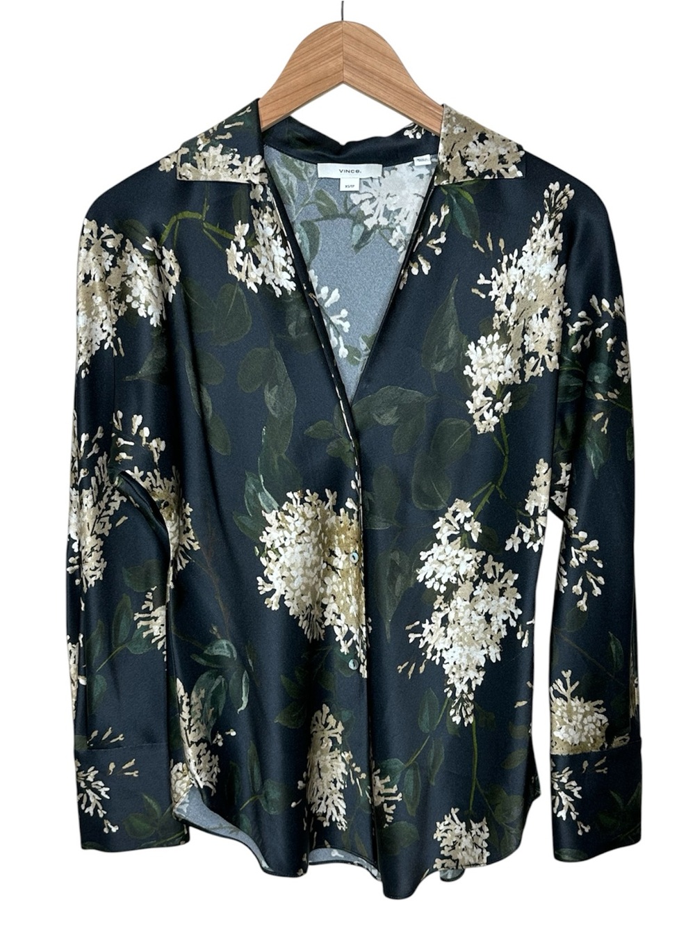 Vince Silk Camilla Button up Dark Floral Blouse Top Size XS Collar Black Cream - Picture 3 of 16